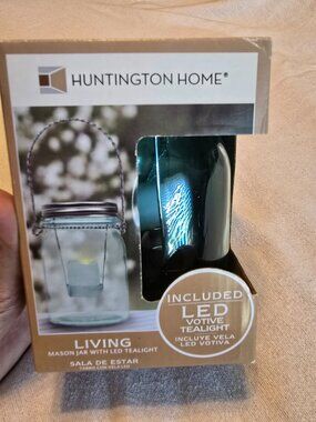 Huntington Home Living Mason Jar with LED Tealight Candle Teal Blue Glass NIB